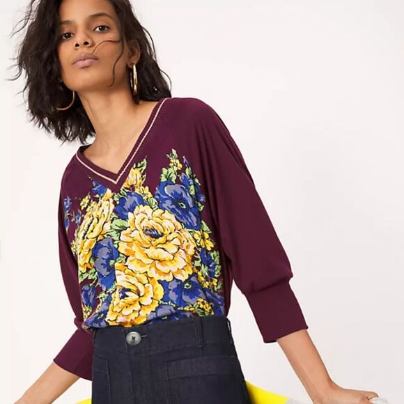 Tiny by Anthropologie Floral V-Neck Blouse Purple Yellow Blue XL - Picture 1 of 10